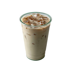 A refreshing iced coffee drink in a clear glass, filled with ice cubes. The beverage is creamy with a light brown color, perfect for warm weather or a quick energy boost.
