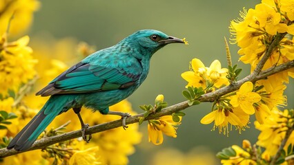 Fototapeta premium Vibrant turquoise bird perched on a branch with bright yellow flowers