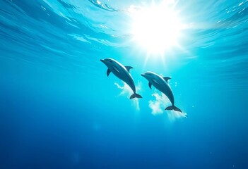 Dolphins leap and frolic in vibrant turquoise water under a bright sun,  underwater,  leap
