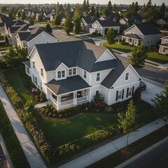 A clean, suburban house with a front garden, surrounded by soft daylight, is situated in a simple residential area.