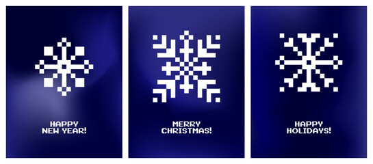 Set of minimal Christmas cards with pixel snowflakes icons on navy blue gradient background. Mosaic geometric winter elements in retro 8 bit style for holiday design, embroidery and festive decoration