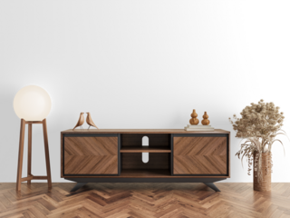 Contemporary low cabinet with chevron doors and dried floral decor on transparent background – front view