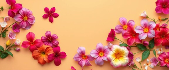 Fototapeta premium Vibrant blooms scattered artfully across a warm beige backdrop, texture, pretty