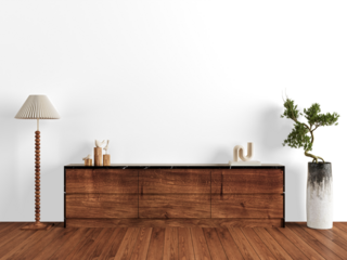 Black marble top wooden console with bonsai tree and art decor isolated on transparent background – front view