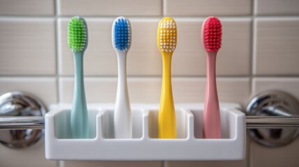Four colorful toothbrushes in a white holder on a tiled wall