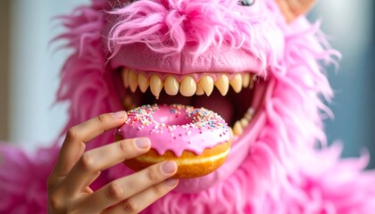 Pink monster eating a donut. Close-up