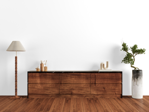 Black marble top wooden console with bonsai tree and art decor isolated on transparent background – front view - Powered by Adobe