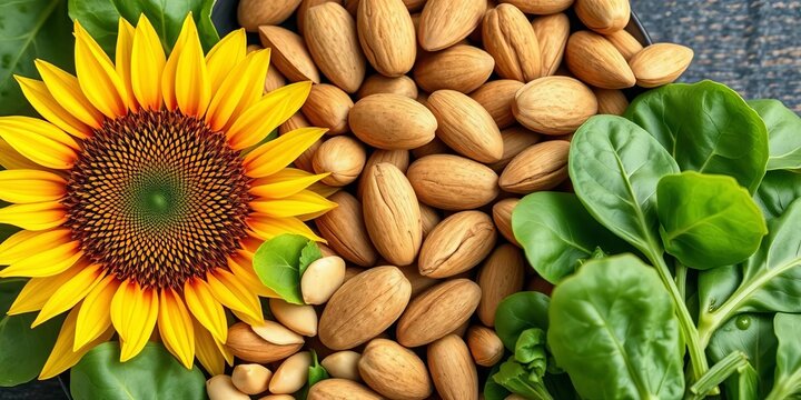 Vibrant sunflower seeds, almonds, and spinach showcasing rich Vitamin E,  wellness,   vitamins