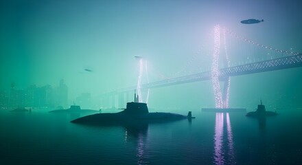 Submarines and helicopters patrol a futuristic city shrouded in mist, under a glowing bridge.