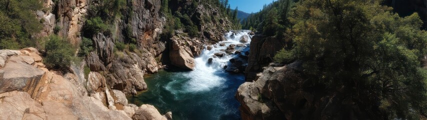 Obraz premium Panoramic 360 degrees hdr landscape of a waterfall in nature captured in high definition