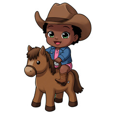 Fototapeta premium Cute Black Skinned Baby Cowgirl Cartoon Green Background