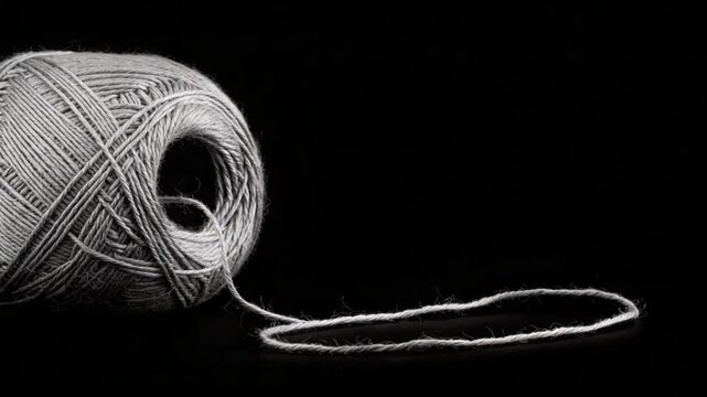 White yarn ball on black background with loose thread
