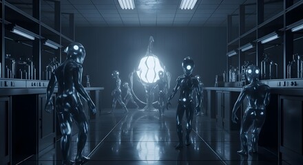Robotic figures surround a glowing orb in a futuristic laboratory setting.