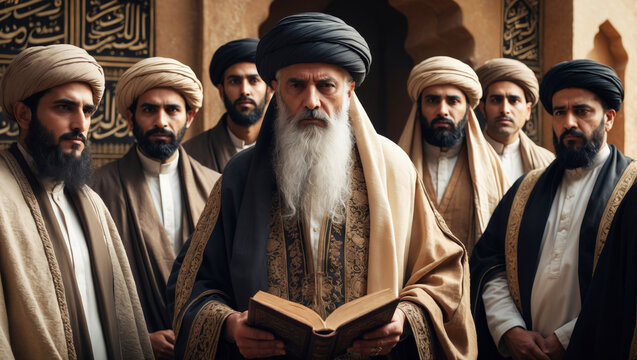 An elderly sheik in the past, surrounded by a group of Muslim people in traditional Middle Eastern attire