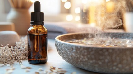 Elegant glass dropper bottle of essential oil beside a ceramic bowl with floating dried petals in warm, diffused light