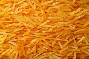 Fototapeta premium Raw yellow rice grains in macro view showing detailed texture and natural pattern of uncooked basmati rice scattered across frame, suitable for food industry and packaging.