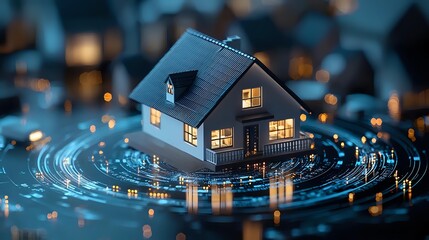 Glowing house model floating on digital circular interface with futuristic technology elements in blue tones, representing smart home and real estate innovation.