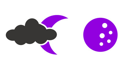 Abstract Night Sky Icons: Crescent Moon, Cloud, and Purple Starry Sphere