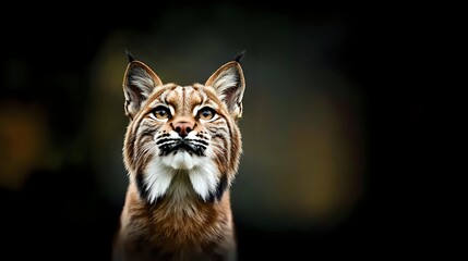 Fototapeta premium Majestic lynx portrait with intense gaze against dark background, showcasing distinctive facial features, ear tufts and ruff in dramatic lighting for wildlife photography.