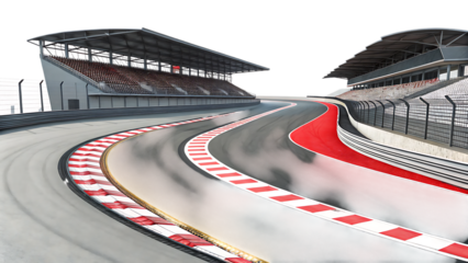 A curving asphalt race track with red and white curbs and grandstands isolated on a transparent background