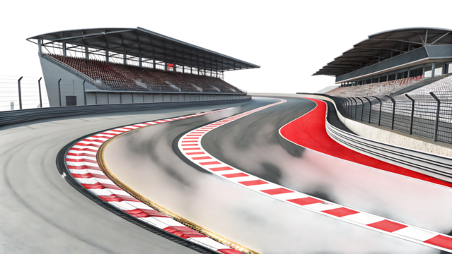 A curving asphalt race track with red and white curbs and grandstands isolated on a transparent background