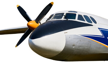 Old propeller driven passenger plane on white