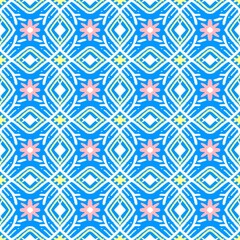 Seamless Blue Ikat Pattern with Pink Floral Motifs – Modern Tribal Textile Design