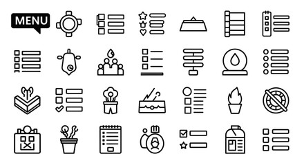 A diverse collection of line art icons featuring menu options, lists, and planning elements, suitable for organizational and productivity themes