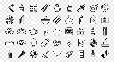 A collection of diverse food and drink icons, representing various culinary elements and dining experiences
