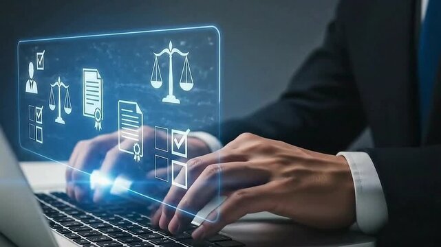 Digital Justice: A close-up shot of a lawyer typing on a laptop, with digital justice symbols overlayed, in a modern office setting. Emphasizing justice in the modern age.