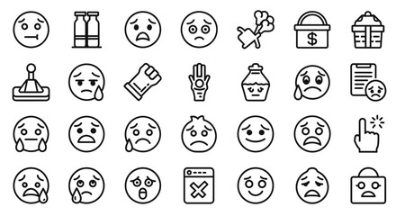 A diverse collection of outline emoji icons expressing a wide range of human emotions, from happiness and laughter to sadness and anger