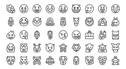 An extensive collection of outline emoji icons representing a wide spectrum of emotions and characters, suitable for digital communication and expressions