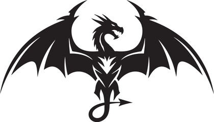 Obraz premium Powerful black dragon silhouette with spread wings and coiled tail on white background