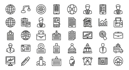 A collection of diverse business and technology icons, including globes, phones, charts, and office supplies