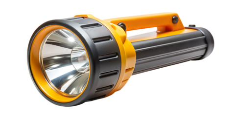 Bright yellow and black battery operated torch with a large reflector isolated on a transparent background