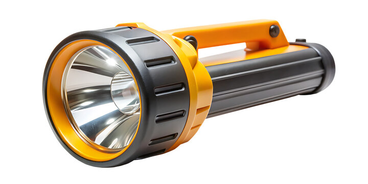 Bright yellow and black battery operated torch with a large reflector isolated on a transparent background