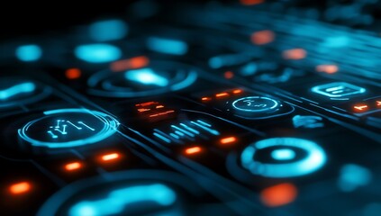 Close up of glowing blue and orange digital graphs and charts on a dark futuristic interface data technology