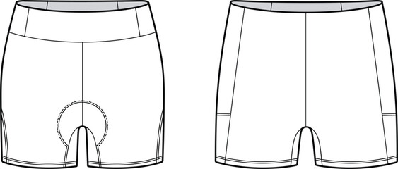 Cycling Shorts Flat Sketch, Front and Back View, Technical Fashion Drawing, Activewear Template for Women’s Sportswear Design, Vector Apparel Illustration © Md Rofequl Islam