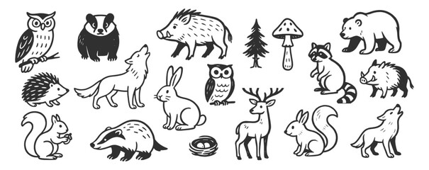 Forest animals doodle icon set. Cute hand drawn sketch illustrations of owl, deer, bear, rabbit, wolf and hedgehog. Black and white cartoon art for woodland wildlife themes.