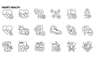 heartbeat, heart rate monitor, cardio workout, running shoe, healthy blood pressure, omega-3, green tea, and relaxation, 14 icons per white background artboard.