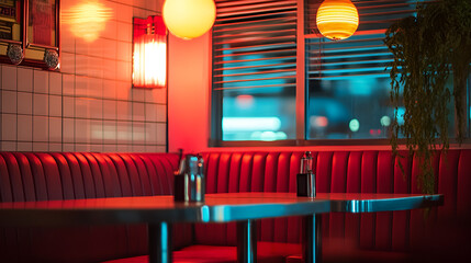 Retro diner booth with red cushioned seating a metallic table and warm dim lighting