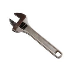 Adjustable wrench with a metallic finish on a white isolated background, ideal for workshops, repair tasks, and mechanical applications.
