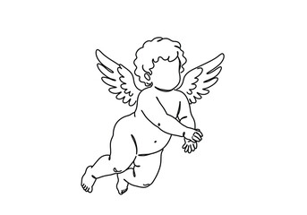 Cherub angel drawing. It is a black and white outline image of a cherub, a winged infant angel often associated with love and innocence. Vector sketch line art draw.