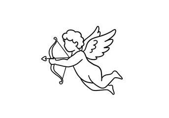 Cupid angel drawing. It is a black and white outline image of Cupid, the winged cherub of love, with a bow and arrow. Vector sketch line art draw.