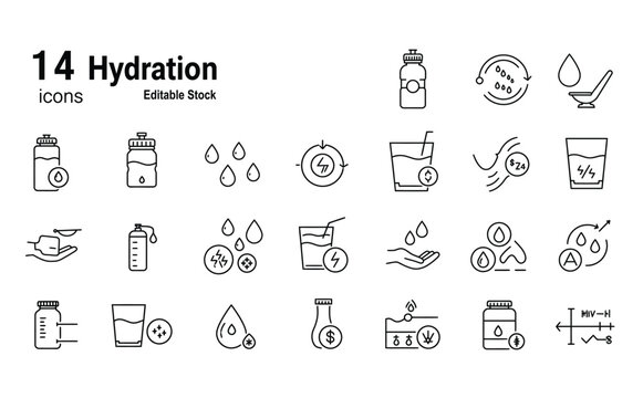 Hydration & Water Intake Icons, A collection of 14 black and white vector icons related to hydration, including water bottle