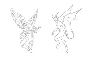 Obraz premium Angel demon drawing. It is a black and white outline image of an angel and a demon, illustrating the classic conflict between good and evil. Vector sketch line art draw.