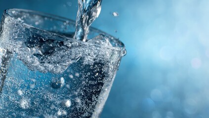 Sparkling water pours into a glass, creating a refreshing cascade of bubbles against a soft blue backdrop.