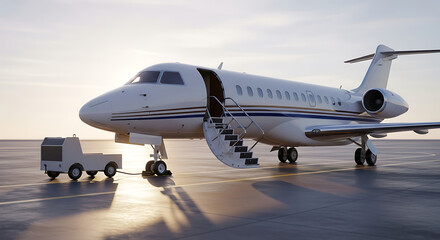 Fototapeta premium A private jet sits on the tarmac with its door open and stairs extended, next to a small vehicle.