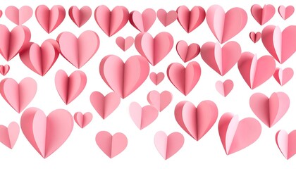 Many pink paper hearts on white background