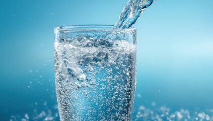 Sparkling water pours into a glass, creating a refreshing cascade of bubbles against a vibrant blue backdrop.